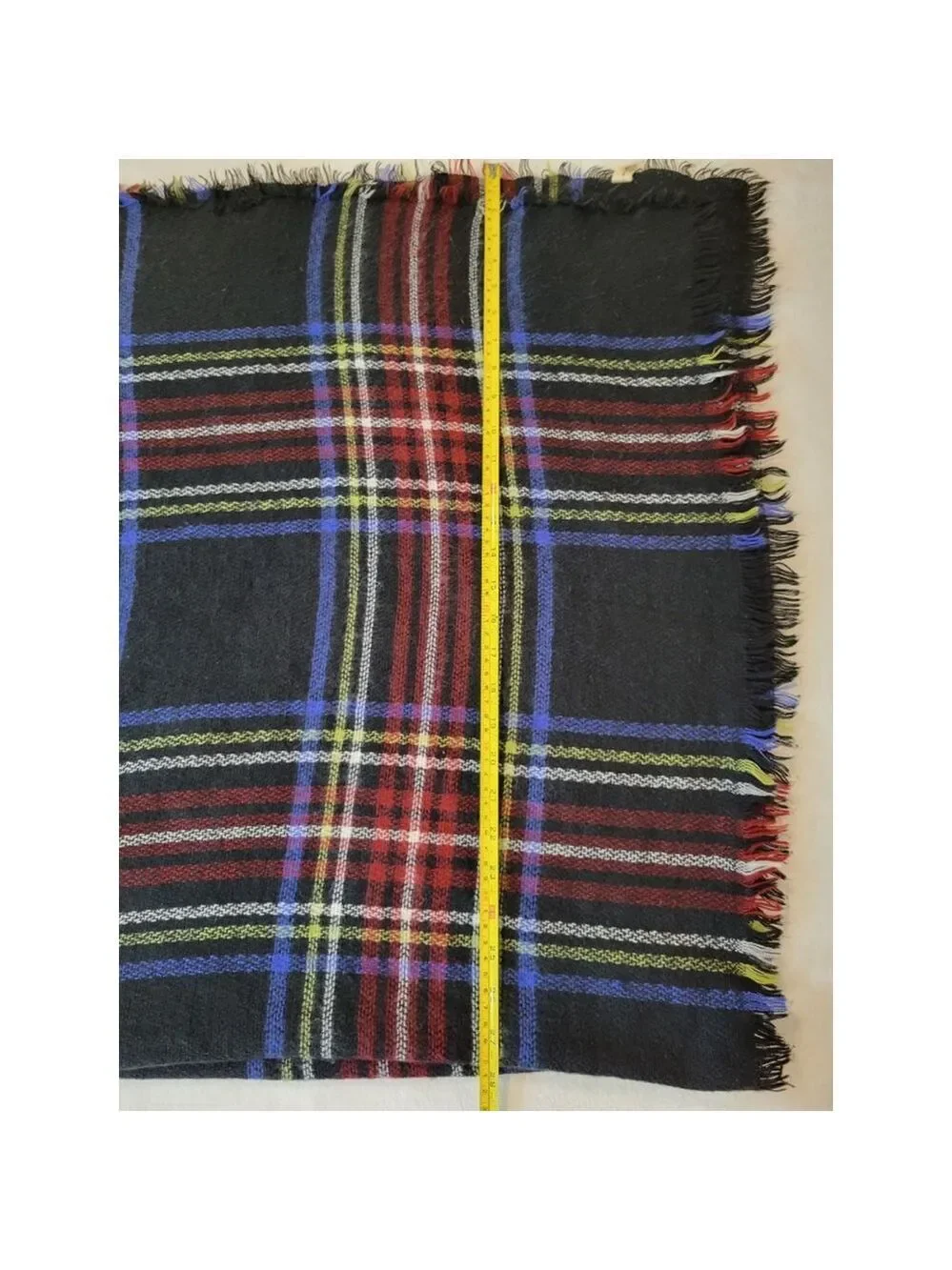 Plaid Fringe Scarf - Black Multi-Color, One Size